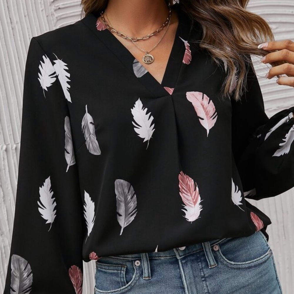 Women's Black Feather Print Blouse